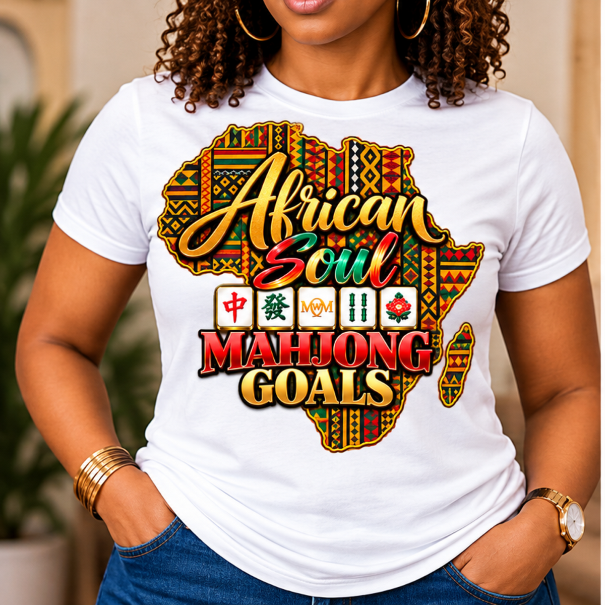 African Soul Mahjong Goals T-Shirt | Africa Map Kente Pattern Mahjong Tiles
